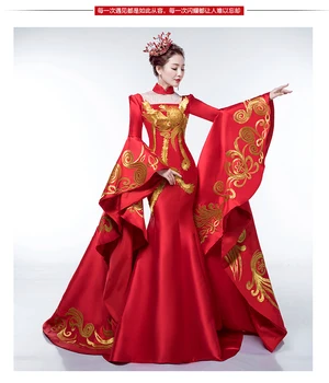 100%real chinês tradicional vermelho phonix bordado de uma peça longa trainling manga de vestido pode cusotms tamanho/muitos estilos para escolher