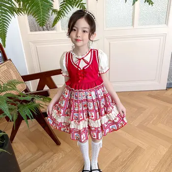 2022 Garota Verão Com Roupas Casuais Bonito Doce Cosplay Traje Crianças Da Indústria Pesada Vermelho Retro Lolita Aniversário Vestido De Princesa
