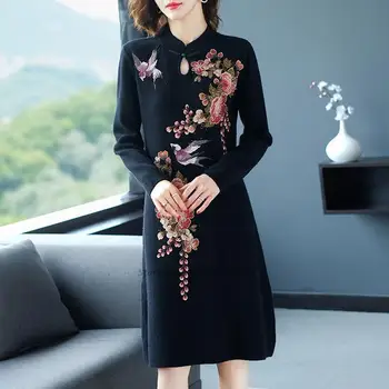 2022 malha tradicional qipao melhorado cheongsam nacional chinês bordado de flores vestido qipao étnica vestido de camisola vestido