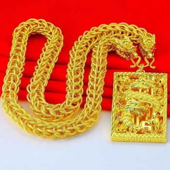 Areia de ouro, jóias de latão banhados a ouro de homens toque duas vezes 60mm colar com dragon marca grosso colar de ouro não se desvanece