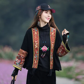 Chinês Jaqueta Mulheres Bordado Cardigan Outono, Inverno Estilo Étnico Patchwork Oriental Tang Terno Tradicional Vintage Pêlo Curto