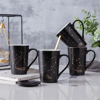 Design simples Preto Constelação Copo com Tampa Colher Criativo de Alta qualidade, Caneca de Cerâmica Europeia Casal Xícara de Café