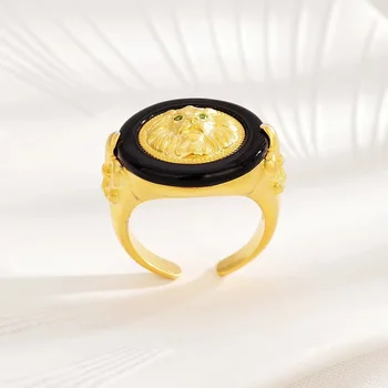 EYER Vintage Óleo Simples Cair de Design Com Pérola Anéis Para Mulheres Finas Jóias Leão cabeça aberta anel redondo Mão ornamento
