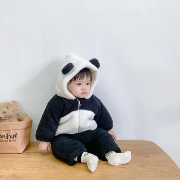 Inverno Menino Menina Conjuntos Adorável dos desenhos animados do Panda Crianças terno Engrossar Pelúcia Macacão de Recém-nascidos Roupas de Bebê de Duas peças de Conjunto