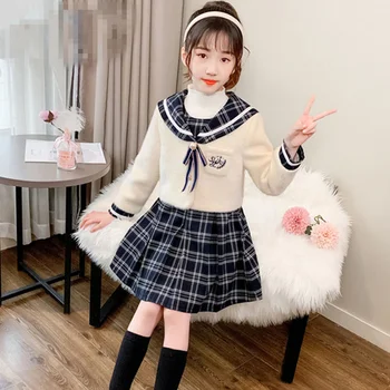 Japonês estilo de colégio jk uniforme terno de meninas xale tops de crianças vestido xadrez de duas peças de outono novo estilo