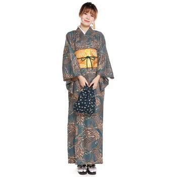 Japão o Estilo das Mulheres de Vestido Longo Tradicional Quimono Cor Cáqui Estampas Florais Formal Yukata Cosplay Roupas Fotografia Vestido