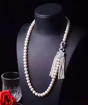moda jóias micro embutidos zircão leopard acessórios de cabeça 8-9mm branco pérola de água doce do pendão colar pingente 65cm longo