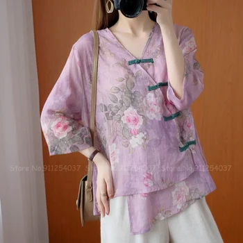 Mulheres Retro V-pescoço Cheongsam Tops Senhora Elegante, de Moda, de Estilo Chinês, Qipao Camisa de Algodão Casual Blusa Hanfu Roupas Orientais