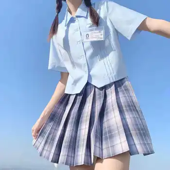 Nova Verão as Mulheres Blusas Camisa de Manga Curta Azul Tops Estudantes de Japonês coreano JK Estilo Feminino Camisas de Lapela Dobras Blusas