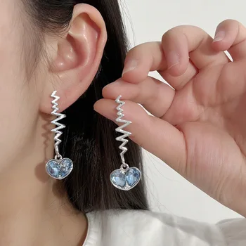O Coreano Azul Elegante Coração Brincos De Cristal Para As Mulheres A Moda Geométricas A Linha De Metal Longo Pendient Jóias Presentes