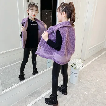 Outono Inverno Peludo Colete para Meninas Grosso Quentes da Moda Vestuário exterior de Crianças Roupas para Adolescentes coreano Patchwork Bolso Superior 4-14 Anos