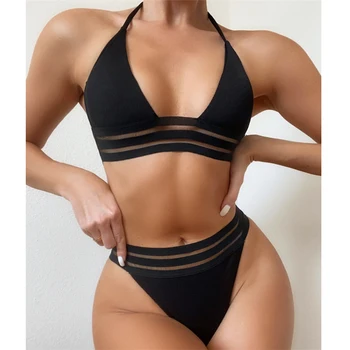 Sexy Preto De Malha Bikini Swimwear Feminino 2 Peças De Conjunto 2021 Verão Ocos Sem Encosto Brasileira Maiô Feminino Atadura De Biquini