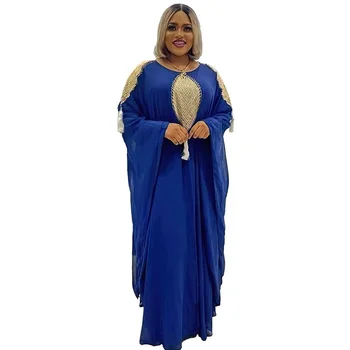 Verão Africano Vestidos para as Mulheres, Em 2022, Mulheres Africanas de Manga Longa O-pescoço Amarelo Azul Plus Size Vestido Longo Africana Roupas + Interior