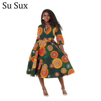 África Vestidos Para Mulheres Imprimir Uma Linha-Vestido Africano Roupas Dashiki, Virada Para Baixo De Gola Comprimento Do Joelho Vestidos Manto Partyclub