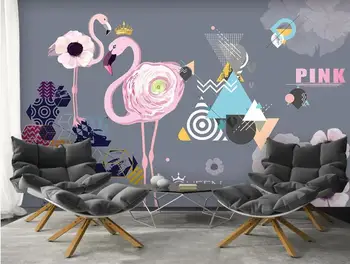 3D personalizado mural de parede Nórdicos simples cor-de-rosa flamingo geométricas de elementos gráficos de PLANO de fundo, pintura de decoração de parede