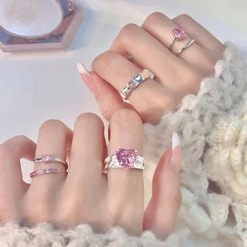 Coração de Cristal cor-de-rosa Anéis para as Mulheres de Abertura Ajustável coreano Cor de Prata Anel de Meninas Doces Legal Zirconia Anel de Moda Jewely Presentes