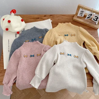 Inverno Crianças Casual Cova Tira de Alta gola de Assentamento Camisa Bebê Bonito Meninas de Manga comprida T-Shirts de Algodão de Crianças Roupas Tops