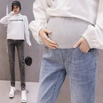 Maternity Jeans Calças Jeans para Gestantes Roupas Primavera, Outono Ajustável Barriga Calças de Gravidez Solta Reta Calças