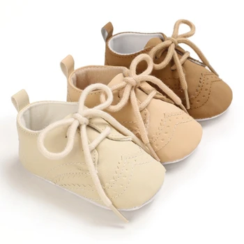 Moda Bebê Sólido Lace-Up Macio Sapatos de Couro do PLUTÔNIO de Não-deslizamento Primeiro Sapatos 0-18M