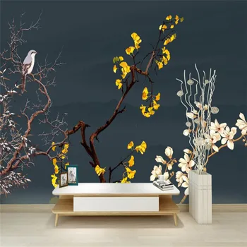 Moderno Parede Personalizado de Imagem 3-d de Flores de papel de Parede Amarelo Preto Sala de estar, Quarto, Decoração de Casa Mural de Flor de Ameixa Pássaro Árvore