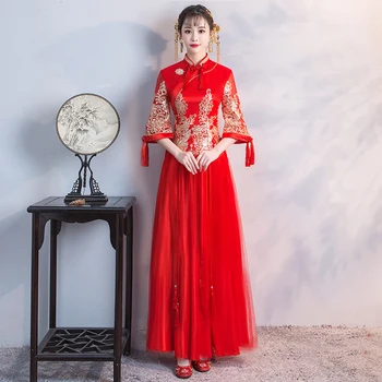 Noiva Cheongsam Vintage Chinês Vestido de Noiva Estilo Retro Brinde Vestuário de Senhora Bordado Phoenix Vestido de Casamento Qipao Roupas vermelhas