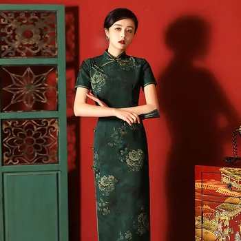 Retro Impresso Estilo Chinês Qipao de Manga Curta Cheongsam Mulheres Oriental Tradicional Vestido Tamanho 4XL