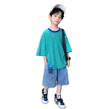 Verão Novo Conjunto de Roupas para Crianças Meninos Casual Manga Curta Tops + Shorts Jeans 2pcs Adolescente Stripe T-Shirt Terno 8 10 12 14 Anos