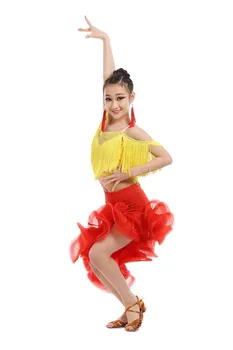 2018 Novo Elastano Adulto, Infantil e Dança latina Trajes de Borla sem Mangas Top+saia 2pcs Meninas de Dança latina Definido para as Meninas de Dança latina