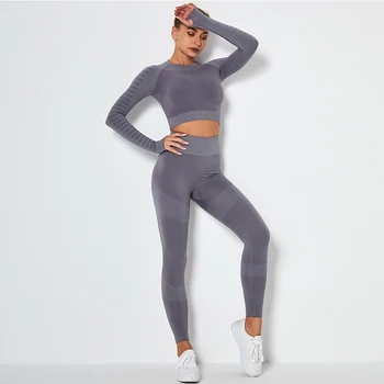 2020 Novas Mulheres Sem Costura Conjunto De Yoga Esporte Terno Yoga Manga Longa De Fitness Crop Top De Cintura Alta, Calças De Treino De Conjunto
