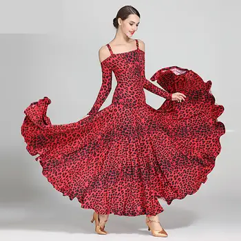 2021 Novo Leopard Dança Moderna Vestido Sexy Off-ombro Manga Longa Valsa, Tango, Flamenco espanhol Vestido Padrão Salão de baile, Vestidos de