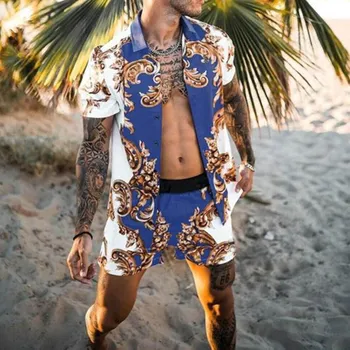 2022 Homens Novos Conjuntos de Impressão com Retalhos de Lapela de Manga Curta Camisa Casual Calções de Praia Verão Streetwear de Férias Havaiano Homens M-3XL