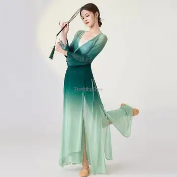 2023 novo chinês clássico, dança vestido de mulher solta fluindo dança do treinamento diário vestido para uma mudança gradual de gaze desempenho do traje