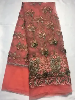 5 m/pc Popular pêssego francês net laço de tecido com miçangas e paetês bordados africana de malha de renda para vestido QN72-4