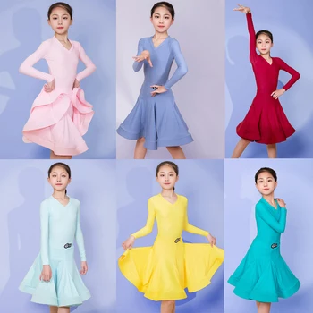 6 Cores de Dança de Salão de Competição as Meninas de Vestido de Mangas compridas Vestido de Dança latina para Crianças Desempenho da Fase de Roupas SL7524