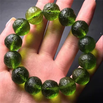 9-10mm Verde Moldavite checa Meteorito Pulseira de Impacto de Vidro Pedra bruta Mão de Catenária Energia de Cristal de Pedra de Pulseiras para Mulheres