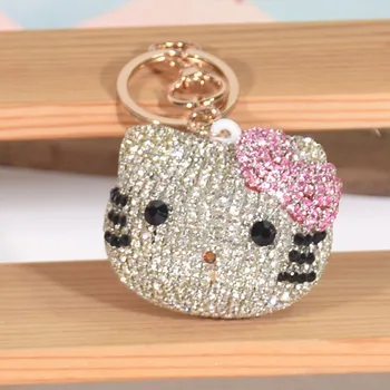Anime feito a mão Mosaico Strass Hello Kitty Boneca de Diamante Chaveiro Bonito dos desenhos animados KT Gato Anel de Chave Saco de Ornamentos, Acessórios de Presente