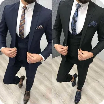 Azul marinho Formal Homem de Negócios Ternos Pretos Homens Ternos para Casamento Noivo Smoking 3 Peça Suave Slim Fit Blazers(Casaco+Calça+Colete)
