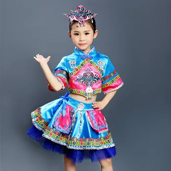 azul miao vestuário chinês nacional de dança terno para meninas minoria fantasias para crianças festival de dança