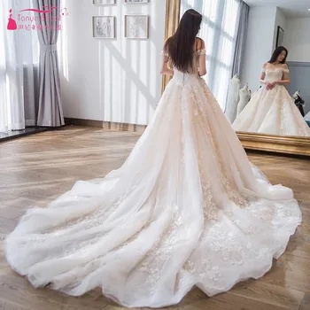 Barco Pescoço Vintage Vestidos de Casamento do Laço Flor de Contas do Casamento Vestido de Noiva vestido de noiva Vestido de Noiva DQG481
