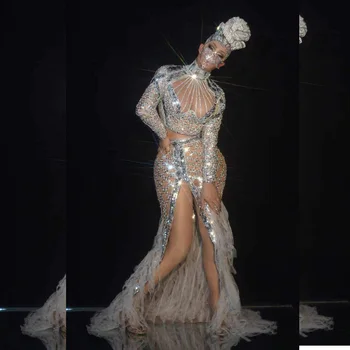 Cantora de boate traje brilhante show no palco vestido de festa sexy roupa de Luxo Club Roupa Resplandecente vestidos de noite