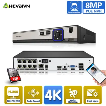 Cara Registro Ultra HD de 4K 8CH POE NVR H. 265 Ip de Saída de Áudio Segurança Vigilância de Gravador de Vídeo para 4mp 5mp 8MP 4K POE Câmera do CCTV