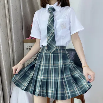 [Carta Da Floresta ] Longo de Meninas/manga Curta Cintura Alta Saias Plissadas Xadrez Saias das Mulheres Vestido de JK Uniforme Escolar aos Alunos