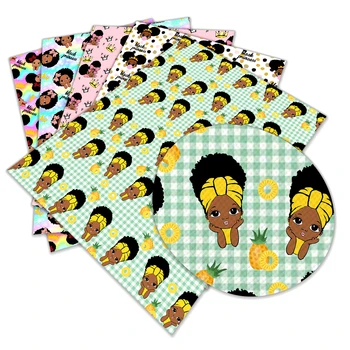 Cartoon Menina Negra Cruz Padrão Impresso Tecido de Couro Falso Folha para Fazer Brincos, Gravata borboleta, e DIY de Costura, Artesanato 30*136CM