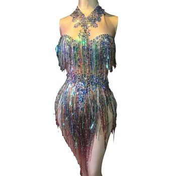 Colorido Franjas Strass Bodysuit para as Mulheres Estágio de Dança de Trajes da Boate Dança Cantora Mostrar Brilhante Collant