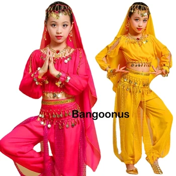 Crianças, Crianças de Dança do Ventre roupa para Menina Oriental Indiano Palco Dançando Traje Conjunto de 4PCS(Top Shirt+Lenço de Cabeça+Cintura Cadeia+Calça)