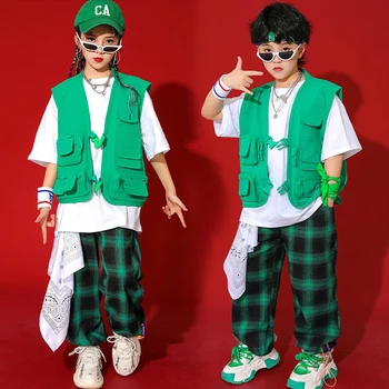 Crianças Rave Kpop Hip Hop Verde Jaqueta Colete Tops, T-Shirt Tee Streetwear Xadrez Calças Para Meninas Meninos De Dança Jazz Traje De Roupas