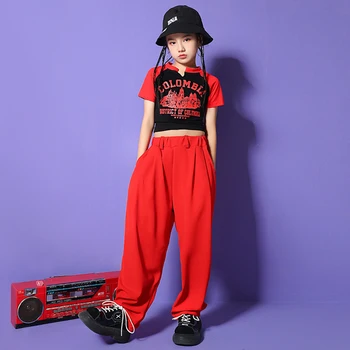 Crianças Teen Kpop Roupas De Hip Hop Roupas Cultura Tshirt Tops Streetwear Vermelho Calças Largas Para Meninas Fase De Dança Jazz Traje De Roupas