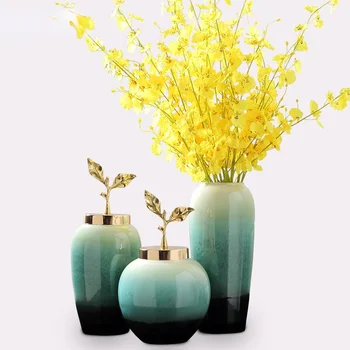 Criatividade Vaso de Cerâmica feito a mão de Gradiente com Tampa Dourada Deixa a Casa Moderna Artesanato Ornamentos, Vasos de Flores, Decoração de Casamento