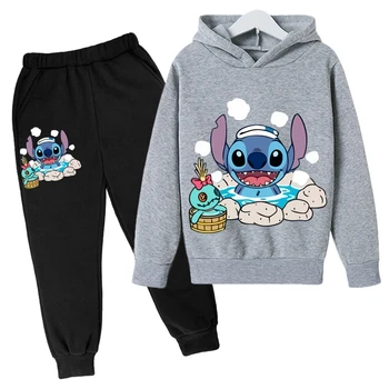 Desenho animado Stitch Capuz Crianças de Bebê, Roupas de esportes, Moda conjuntos de manga comprida, calças de 2 peças de terno primavera Disney meninas Roupa