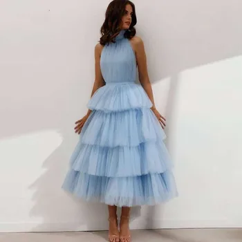 Elegante Azul Bebê De Baile, Vestidos De Gola Alta Com Camadas De Tule Chá De Comprimento Sem Encosto Árabe Praia De Casamento Vestido Festa Formatura Vestido De 2022